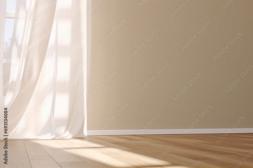 Fototapeta premium Realistic 3D render of beautiful sunlight and window frame shadow on beige blank wall, white sheer curtains blowing in the wind in an empty room. Shiny new wooden parquet floor. generative ai.