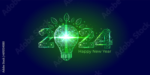 2024 number with green energy bulb light and green leaf.
