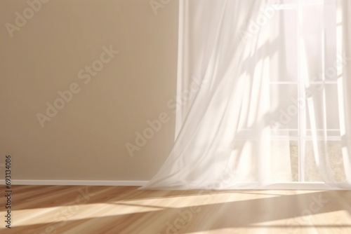 Realistic 3D render of beautiful sunlight and window frame shadow on beige blank wall, white sheer curtains blowing in the wind in an empty room. Shiny new wooden parquet floor. generative ai. photo