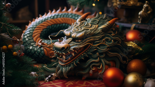 New Year's dragon sleeps near the Christmas tree