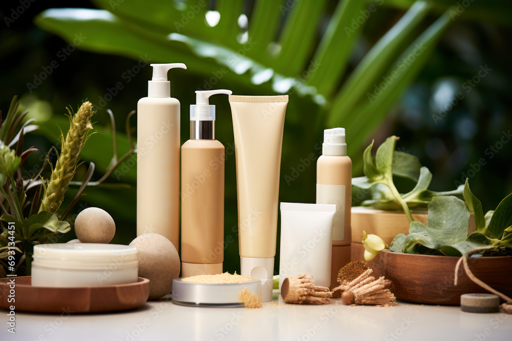 Biodegradable beauty products, skincare items showcased against a backdrop of leaves and flowers, emphasizing natural ingredients and sustainable packaging.