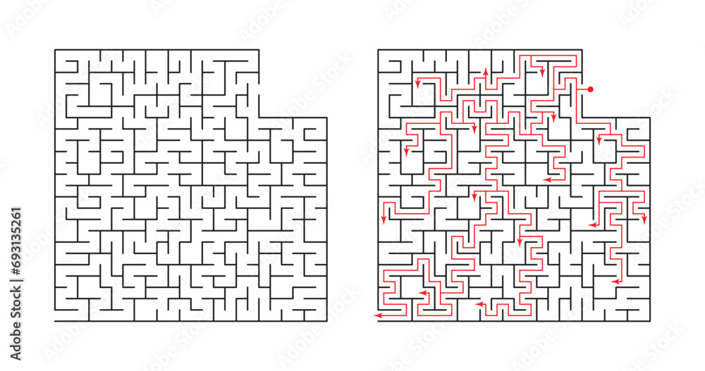 Fototapeta premium Vector illustration. Template for an educational logical game labyrinth for children with a solution. Find the right path