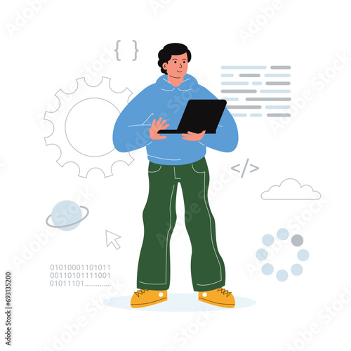 A man stands and holds a laptop in his hands, around it are windows with a code, a download symbol, and a cloud system. Programmer, coder, information systems engineer, developer.