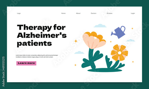 A landing page template with large flowers and a watering can that waters them. A metaphor for maintaining mental health, therapy for dementia and Alzheimer's syndrome.