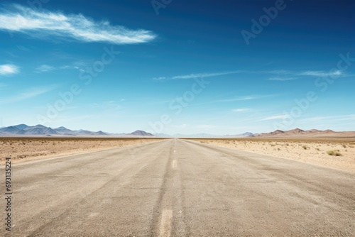 Endless desert highway road under a vast blue sky. Travel Concept.