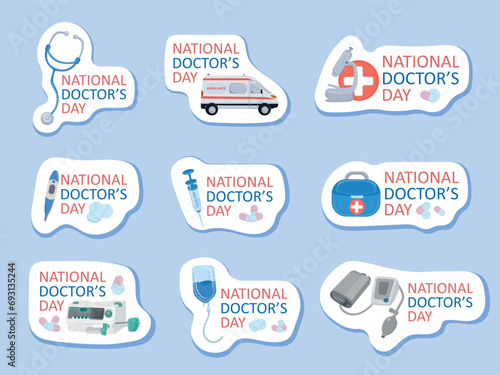 National Doctor's Day. Cute stickers for medicine set. Medical instruments, equipment, healthcare clinic, tonometer, intravenous drip, thermometer isolated on white background. Vector illustration. © Liliy