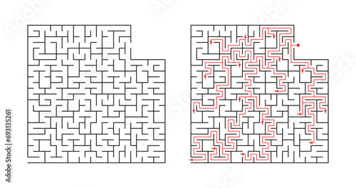Vector illustration. Template for an educational logical game labyrinth for children with a solution. Find the right path photo