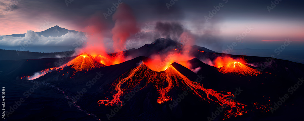 Panoramic view of mountain with volcanic eruption with lava flowing outside