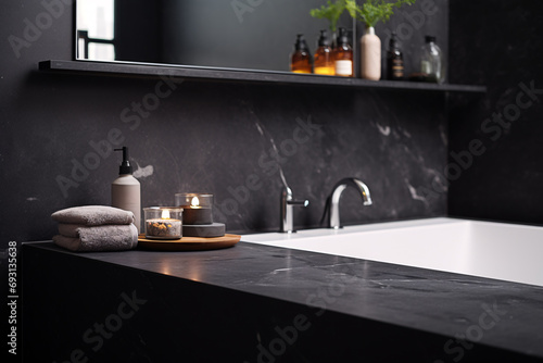 Black bathroom interior design, bathtub with black marble tiles, modern luxury minimalist masculine bathroom.