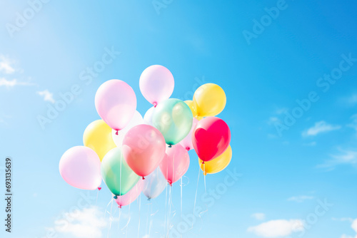 Biodegradable party, colorful balloons made from eco-friendly materials, floating against a blue sky, joyful celebration with minimal environmental impact.