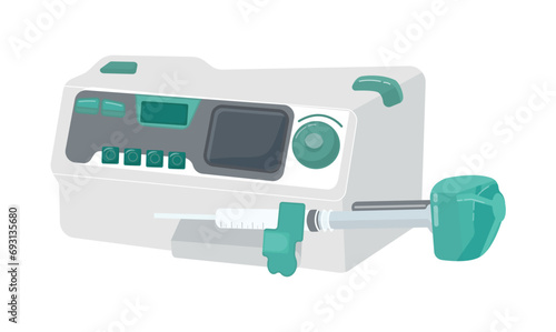 Infusion pump isolated on a white background. Medical hospital equipment. Healthcare concept. Vector illustration of a syringe pump for intravenous infusion. © Liliy