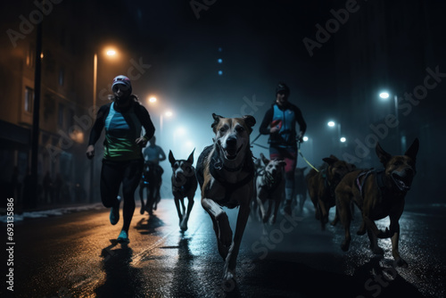 Runners wearing headlights and reflective equipment run with dogs on leashes at night © เลิศลักษณ์ ทิพชัย
