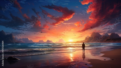 sunrise on a deserted beach with a person contemplating the display of colors, full of peace and happiness. generative ai