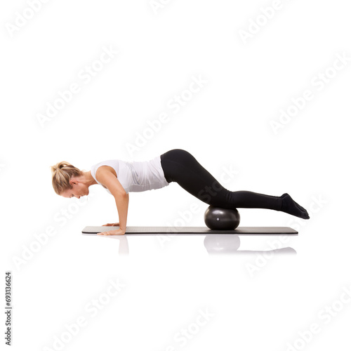 Fitness, exercise and woman on mat with ball for pilates, body building care and health in studio. Gym, training and girl on floor with cardio, energy and muscle workout isolated on white background.