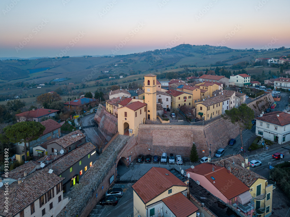 Italy, December 13, 2023 - aerial view of the town of Tavullia in the province of Pesaro and Urbino in the Marche region. We are on the border with Romagna