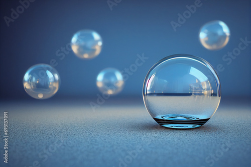 Empty glass ball on the snow 3d illustration, christmas transparent ornament on blue background, realistic abstract water sphere