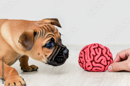 Smart dog is looking for delicious dried treats in intellectual game and eating them, close up. Intellectual game for dogs. and training of nose work with pet. brain game training for dogs