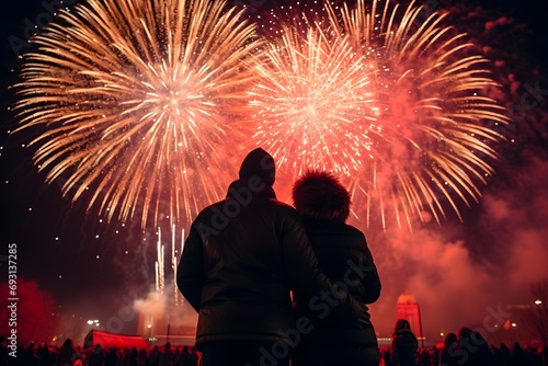 Couple Welcoming the New Year at Brandenburg Gate Amidst Fireworks, in Germany Berlin