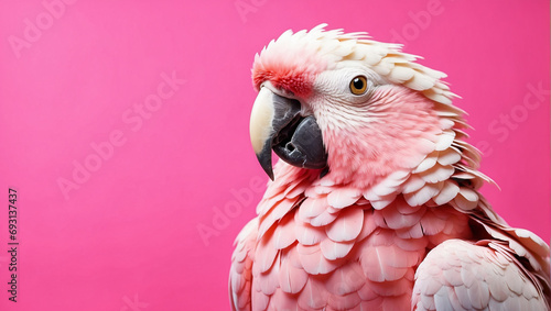 white parrot on a bright pink background. backdrop with copy space © adynue