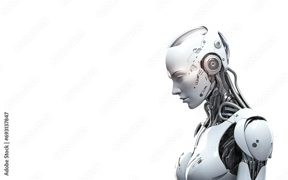 Futuristic fusion, A robot with a girls face on a clean white background, a captivating blend of technology and humanity in this intriguing stock photo. Futuristic fusion, A robot with a girls face on a clean white background, a captivating blend of technology and humanity in this intriguing stock photo.