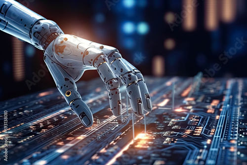 Technological connection, Robot hand delicately touching a neural network, a captivating moment symbolizing the interface of artificial intelligence in stock photos.