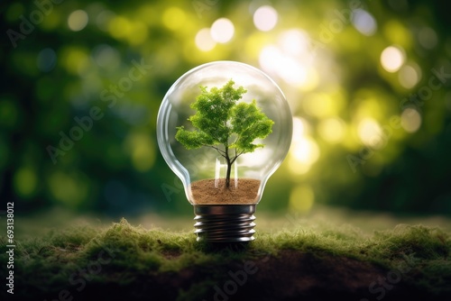 Tree growinig inside on a lightbulb In green forest with warm sunlight. concept save world and energy.