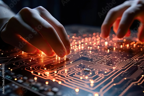 Digital connection, A person's hand delicately touching the CPU, symbolizing the intersection of humanity and technology in this captivating stock photo.