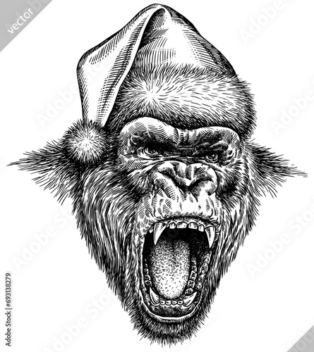 Vintage engraving isolated gorilla set dressed christmas illustration ape ink santa costume sketch. Monkey kong background primate silhouette new year hat art. Black and white hand drawn vector image