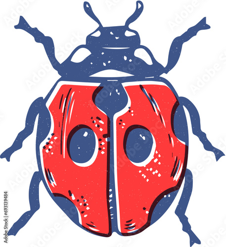 Single risograph effect style red ladybug illustration isolated on white background