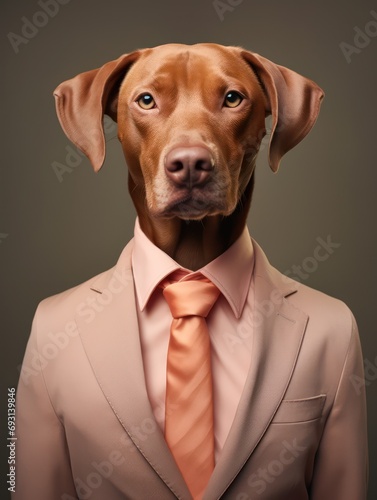 A stylish and cool dog dressed in peach business attire, exuding a modern, handsome, and professional demeanor © Matthew