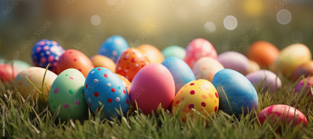 Colorful easter eggs in grass with sun rays   beautiful holiday banner with copy space