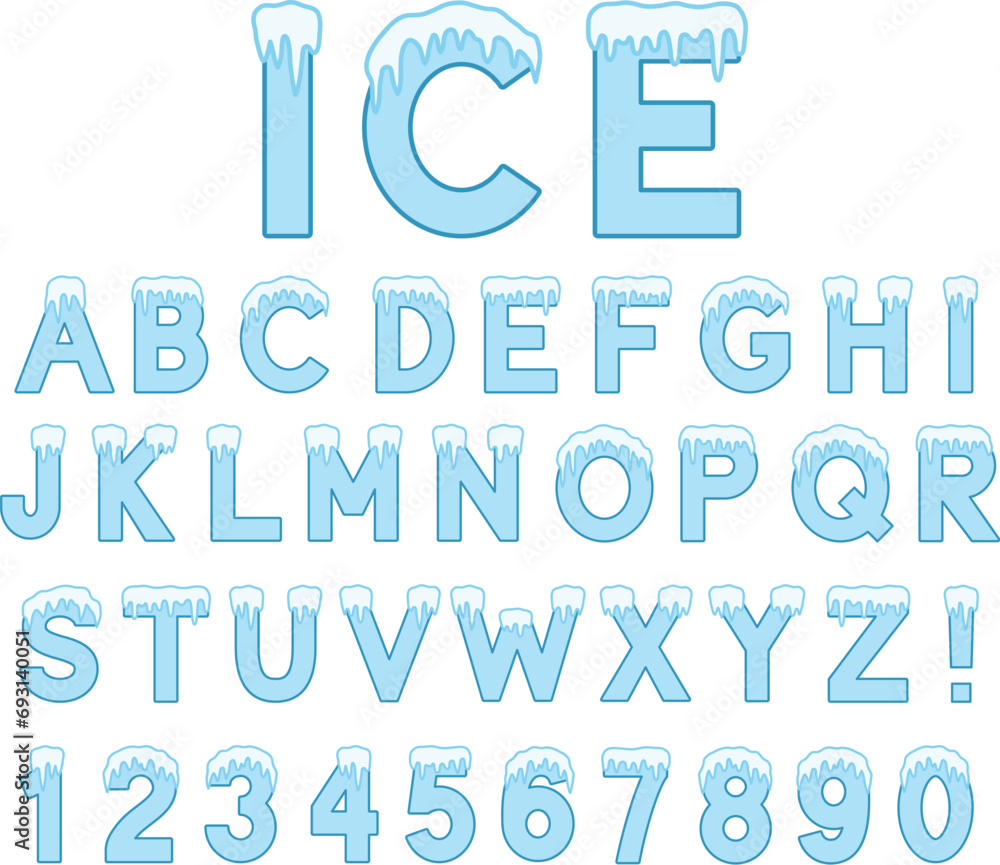 Frozen Icicle or Ice Alphabet Letter and Number Graphic Font - obrazy, fototapety, plakaty 