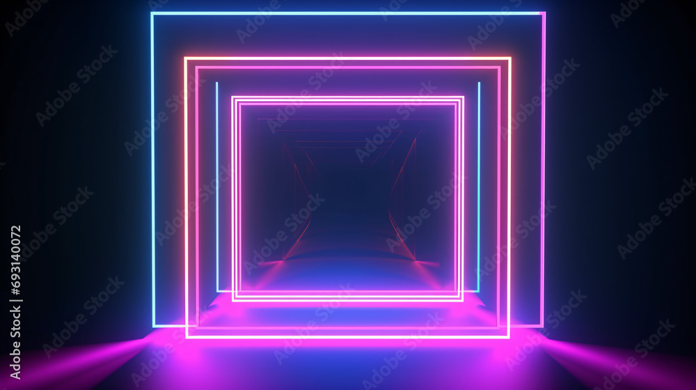 Fototapeta premium 3D rendering showcasing an abstract bright neon frame with a luminous rectangular path, creating an energetic Web Background Laser Show.
