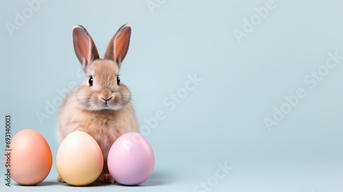 Easter bunny rabbit with egg on pastel spring background, isolated with copy space for text © Ilja