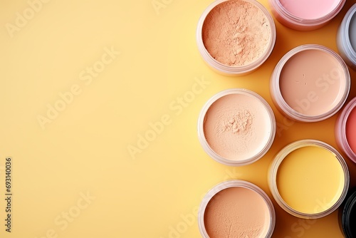 Cosmetic products on beauty backgroundSkincare and makeup conceptTop view with copy space.