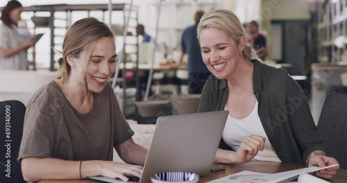 Wallpaper Mural Woman, laptop and high five in creative workplace or happy for pottery teamwork, product design or online sales. Female people, collaboration or internet at artist studio, small business or startup Torontodigital.ca