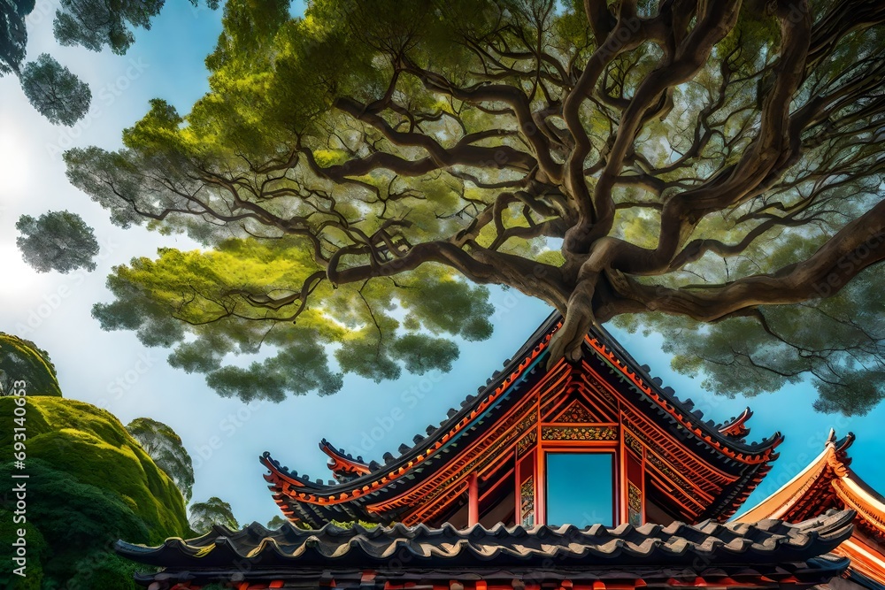 low angle view of tree and roof of traditional landscape pagoda.