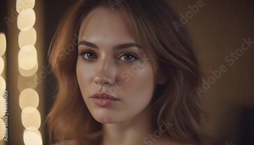 Portrait of a beautiful girl with long hair in the interior. Generative AI