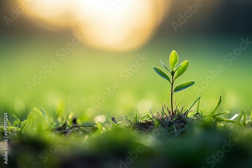Young tree blooming in green grass meadow on easter sunrise background with copy space