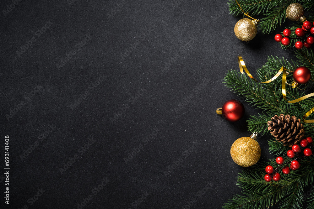 Christmas holiday background flat lay on black.