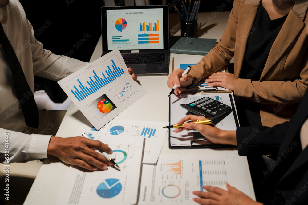 Team of business people working together in the meeting room office, teamwork background charts and graphs banner, double exposure successful teamwork,business planning concept.