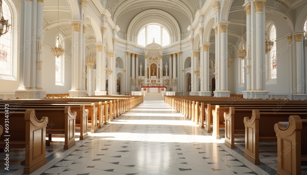 Serene easter sunday church interior with radiant light streaming through stained glass windows