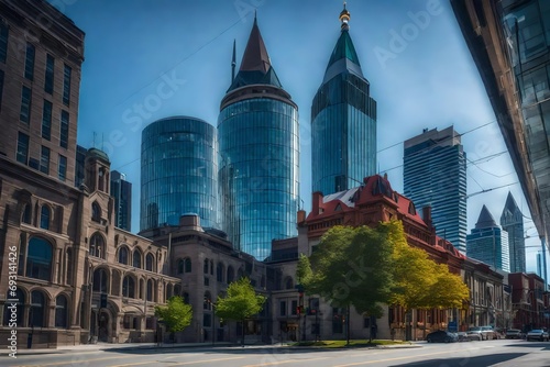canda, ontario, toronto, modern architecture with tower of old city hall.