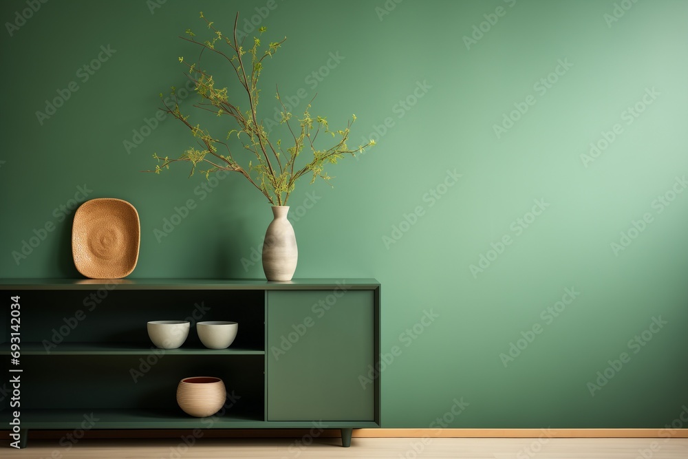 Living Room Interior with Green Accent Wall and Cabinet Living Room Interior with Green Accent Wall and Cabinet