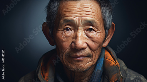 An elderly Asian man reflecting and gazing at the lens in the studio was captured in a detailed shot.