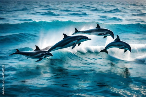 A pod of dolphins dancing playfully in the sparkling waves of the open ocean, their sleek bodies caught in a moment of pure joy. © Resonant Visions
