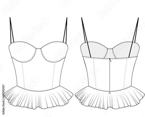 spaghetti straps peplum bustier corset blouse template technical drawing flat sketch cad mockup fashion woman design style model