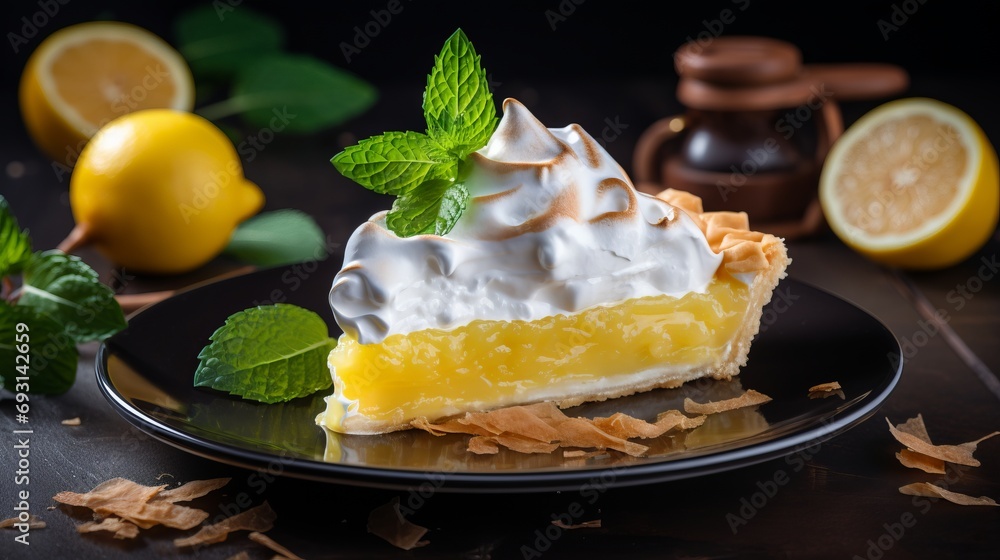 Delicious lemon meringue pie with fresh lemons and fluffy meringue topping for breakfast or dessert - obrazy, fototapety, plakaty 