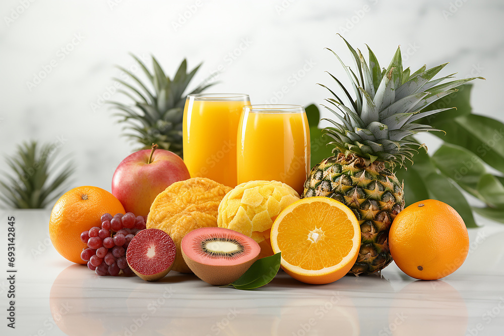 multivitamin juice or fresh juice and lots of different fruits in the kitchen in the morning multivitamin juice or fresh juice and lots of different fruits in the kitchen in the morning