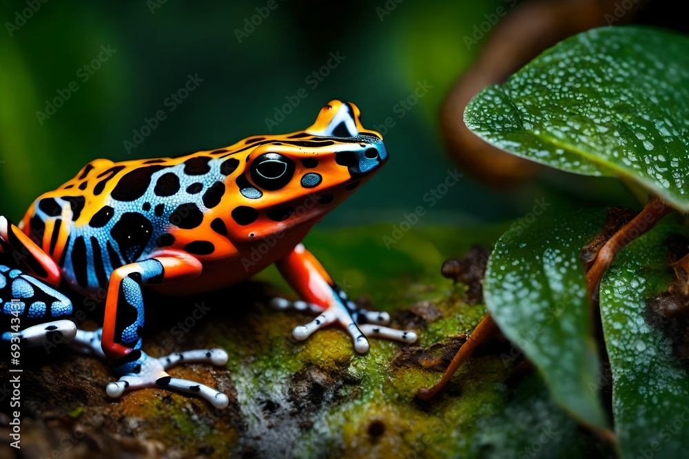 The vibrant and intricate patterns of a poison dart frog, showcasing its vivid colors and delicate markings in a tropical rainforest setting. The vibrant and intricate patterns of a poison dart frog, showcasing its vivid colors and delicate markings in a tropical rainforest setting.